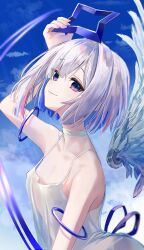 1girl absurdres amane_kanata angel_wings arm_at_side arm_up blue_eyes blue_hair blue_halo blue_sky breasts choker cleavage closed_mouth cloud cloudy_sky collarbone colored_inner_hair commentary commentary_request day detached_wings dress english_commentary fingernails gradient_eyes halo highres hinata_habi_ss hololive light_rays light_smile looking_at_viewer mixed-language_commentary multicolored_eyes multicolored_hair no_bra outdoors pink_eyes short_hair sideways_glance sky sleeveless sleeveless_dress small_breasts solo star_halo sunbeam sunlight upper_body virtual_youtuber white_background white_choker white_dress white_wings wings
