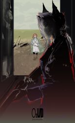 Rule 34 | 1917 (movie), 2girls, absurdres, black cape, blue jacket, blue shirt, boots, brown boots, cape, coat, coat on shoulders, dress, from side, green coat, grey hair, grey sky, gun, hair ornament, highres, holding, holding gun, holding weapon, horizon, jacket, long hair, marsha (reverse:1999), military uniform, multiple girls, parody, profile, red hair, reverse:1999, rifle, sentinel (reverse:1999), shirt, short hair, shoulder belt, sketch, sky, upper body, weapon, white dress, window, yanghua gaizi