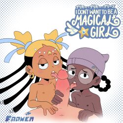 1boy 2girls absurdres aika_(kiana_mai) artist_name beanie black_hair blonde_hair dark-skinned_female dark_skin dreadlocks farwen fellatio glasses hat highres i_don&#039;t_want_to_be_a_magical_girl licking licking_penis loli looking_at_viewer multicolored_hair multiple_girls nude oral penis penis_grab pov pov_crotch two-tone_hair zira_(kiana_mai)