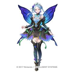 Rule 34 | 1girl, black thighhighs, blue eyes, blue hair, blush, breasts, bridal gauntlets, bug, butterfly, butterfly wings, closed mouth, detached sleeves, dress, fairy wings, fire emblem, fire emblem fates, fire emblem heroes, flora (fire emblem), flora (resplendent) (fire emblem), flower, gloves, hair flower, hair ornament, headdress, insect, insect wings, large breasts, long hair, long sleeves, looking at viewer, maid, maid headdress, nima (niru54), nintendo, official alternate costume, official art, simple background, smile, solo, thighhighs, twintails, white background, wings