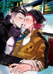 2boys arm_on_table badge black_coat black_hair blush braid breast_pocket button_badge buttoned_cuffs buttons coat collarbone collared_jumpsuit commentary_request couple crew_neck danganronpa_(series) danganronpa_2:_goodbye_despair ear_piercing earrings eye_contact hair_slicked_back hand_on_another&#039;s_arm imminent_kiss jewelry joonoyuki jumpsuit long_sleeves looking_at_another male_focus medium_hair multicolored_hair multiple_boys multiple_rings narrowed_eyes nervous_sweating partially_unzipped piercing pink_eyes pink_hair pocket popped_collar print_shirt purple_scarf ring scarf shirt side_braid single_braid sitting soda_kazuichi streaked_hair striped_clothes striped_jumpsuit sweat sweatdrop table tanaka_gundham teeth tongue tongue_out upper_teeth_only vertical-striped_clothes vertical-striped_jumpsuit white_hair white_shirt window_blinds yaoi yellow_jumpsuit zipper_pull_tab