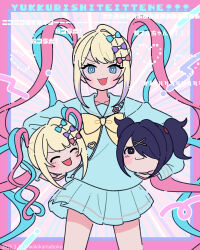 Rule 34 | 1girl, :d, absurdly long hair, ame-chan (needy girl overdose), blonde hair, blue bow, blue eyes, blue hair, blue sailor collar, blue shirt, blue skirt, bow, chouzetsusaikawa tenshi-chan, commentary request, dotted line, hair bow, hair over one eye, highres, long hair, needy girl overdose, neki (wakiko), open mouth, pink bow, pink hair, pleated skirt, purple bow, purple hair, romaji text, sailor collar, shirt, skirt, smile, twintails, v-shaped eyebrows, very long hair, yellow bow, yukkuri shiteitte ne