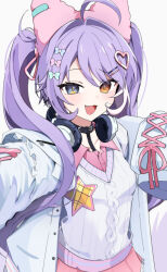 1girl ahoge blue_eyes blush chaum fang headphones headphones_around_neck heterochromia highres long_hair purple_hair simple_background stellive tenko_shibuki twintails virtual_youtuber white_background yellow_eyes