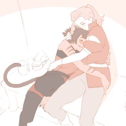 2girls 55bata6rou adora_(she-ra) animal_ears black_hair blonde_hair cat_ears cat_girl cat_tail catra closed_eyes feet_out_of_frame freckles highres hug long_hair multiple_girls pants partially_colored ponytail red_shirt she-ra_and_the_princesses_of_power shirt short_hair sitting smile tail yuri