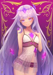 Rule 34 | 1girl, alternate costume, babydoll, black panties, breasts, chest jewel, closed mouth, commentary, english commentary, gem, hand on own chest, highres, hololive, hololive english, jewel under eye, koseki bijou, long hair, looking at viewer, material growth, multicolored panties, panties, pawz212, pink panties, purple eyes, purple gemstone, purple hair, small breasts, solo, underwear, very long hair, virtual youtuber, white babydoll, white panties