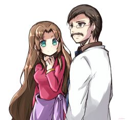 1boy 1girl bangle bracelet breasts brown_eyes brown_hair brown_shirt closed_mouth collared_shirt dress facial_hair final_fantasy final_fantasy_vii gast_faremis glasses green_eyes hand_on_own_chest highres husband_and_wife ifalna jewelry lab_coat light_blush long_hair long_sleeves medium_breasts mustache nanao_(zonzonsh) parted_bangs pink_dress purple_sarong sarong shirt short_hair sidelocks smile upper_body