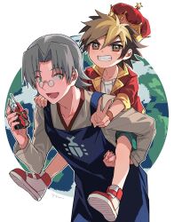 2boys amanogawa_ryuusei andou_loid apron arched_crown artist_name black_hair blonde_hair blue_apron brown_eyes carrying child collared_jacket commentary crown glasses green_eyes green_shorts grey_hair grin hair_between_eyes hand_up hercules_beetle highres holding holding_toy jacket jinzou_konchuu_kabutoborg_vxv kuroda_(kuro_yyy) looking_at_another looking_at_viewer looking_back male_focus mini_eyewear multiple_boys open_clothes open_jacket open_mouth piggyback red_jacket red_shoes round_eyewear shirt shoes short_hair shorts signature smile sneakers standing star_(symbol) tomcat_red_beetle_(kabutoborg) toy toy_car v white_background white_shirt wristband