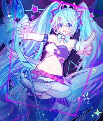 1girl 39 absurdres ahoge aqua_eyes aqua_hair black_thighhighs bow bowtie breasts cleavage hair_between_eyes hair_ornament hatsune_miku highres holding holding_wand idol idol_clothes long_hair medium_breasts midriff miku_day muse_dash navel official_alternate_costume official_alternate_hairstyle open_mouth pink_nails smile solo stomach strapless thighhighs tube_top twintails vocaloid wand white_tube_top yiluedale