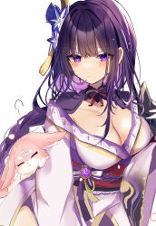 1girl absurdres blush bow bowtie braid breasts cleavage fingernails floating_hair fox genshin_impact hair_between_eyes hair_ornament highres japanese_clothes kimono large_breasts long_hair looking_at_viewer multicolored_eyes pale_skin purple_eyes purple_hair raiden_shogun side_slit single_braid solo two-tone_eyes upper_body yae_miko yuzukiyuno_(yunmu_g)