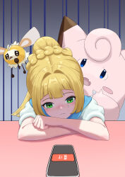 1girl absurdres blonde_hair clefairy closed_mouth commentary_request crying cutiefly frown gen_1_pokemon gen_7_pokemon green_eyes grey_background highres kayaba_shunta light_blush lillie_(pokemon) long_hair nintendo phone pokemon pokemon_(creature) pokemon_sm sad shirt short_sleeves table tears white_shirt