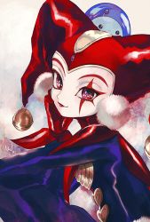 1girl bodysuit chrono_cross closed_mouth facepaint gloves harem_pants harle_(chrono_cross) harlequin hat highres jester jester_cap leotard lipstick long_hair looking_at_viewer makeup maruino pants pom_pom_(clothes) red_eyes red_gloves simple_background smile starky_(chrono_cross) tassel