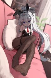 1girl absurdres animal_ears bare_shoulders black_bow black_leotard black_pantyhose blue_eyes bow couch detached_collar domado fake_animal_ears feet fishnet_thighhighs fishnets foreshortening full_body grey_hair hair_between_eyes hair_bow head_tilt highres indoors leotard long_hair looking_at_viewer original pantyhose pillow playboy_bunny pointy_ears ponytail rabbit_ears sitting solo thighhighs thighhighs_over_pantyhose tiara very_long_hair