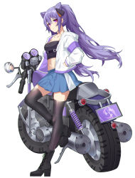 1girl absurdres black_boots black_thighhighs blue_skirt boots casual crop_top double_bun full_body genshin_impact hair_bun hair_ornament hand_in_pocket high_heels highres jacket keqing_(genshin_impact) lace-up_boots long_sleeves looking_at_viewer midriff motor_vehicle motorcycle mxr navel pleated_skirt purple_eyes purple_hair simple_background single_hair_bun skirt thighhighs twintails vision_(genshin_impact) white_background white_jacket zettai_ryouiki