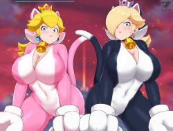2girls absurdres all_fours animal_costume animal_ears animal_hands bell blonde_hair blue_eyes breasts cat_costume cat_ears cat_peach cat_rosalina cat_tail cleavage covered_navel crown gloves gluteal_fold hair_over_one_eye highres kaos_art large_breasts looking_at_viewer mario_(series) mini_crown multiple_girls neck_bell nintendo official_alternate_costume paw_gloves princess_peach rosalina super_bell super_mario_3d_world tail