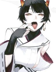 Rule 34 | 1girl, black hair, blue archive, breasts, bridal gauntlets, broken horn, detached sleeves, earrings, eyeliner, finger in own mouth, gradient horns, half-closed eyes, highres, hoop earrings, horns, japanese clothes, jewelry, kawatiw, kimono, large breasts, makeup, multicolored horns, niya (blue archive), open mouth, red eyeliner, short hair, sideboob, sideless kimono, simple background, sleeveless, sleeveless kimono, solo, teeth, tongue, tongue out, unusually open eyes, upper body, white background, white kimono, wide sleeves, yellow eyes