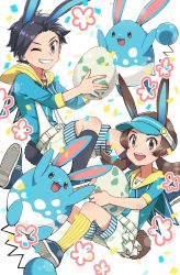1boy 1girl :d alternate_costume animal_ears azumarill bad_id bad_pixiv_id belt black_hair blue_headwear brown_eyes commentary_request creatures_(company) egg ethan_(pokemon) eyelashes game_freak gen_2_pokemon grin highres holding holding_egg kneehighs long_hair lyra_(pokemon) nintendo one_eye_closed open_mouth pokemon pokemon_(creature) pokemon_egg pokemon_hgss sailor_collar shoes short_hair shorts smile sneakers socks striped_clothes striped_socks suspenders teeth tongue twintails upper_teeth_only vertical-striped_clothes vertical-striped_socks visor_cap xichii