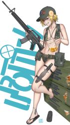 1girl absurdres alternate_costume assault_rifle baseball_cap beer_mug bikini blonde_hair box camouflage camouflage_bikini clenched_teeth commentary_request copyright_name cup feet full_body green_bikini green_hat gun hat highres holding holding_gun holding_weapon knife leg_up looking_at_viewer m16 m16a2 m16a4_(upotte!!) mug navel pouch purple_eyes purple_nails puto_trash rifle sandals sheath sheathed simple_background skindentation smile solo swimsuit teeth toenails toes upotte!! weapon white_background