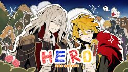 4girls 5boys black_hair blonde_hair blush brown_hair cardboard_cutout character_cutout character_name closed_eyes cloud coat don_quixote_(project_moon) flower fur_scarf gregor_(project_moon) heathcliff_(project_moon) hong_lu_(project_moon) house la_manchaland&#039;s_don_quixote_(project_moon) limbus_company lobotomy_corporation mountainous_horizon multiple_boys multiple_girls outis_(project_moon) project_moon punishing_bird red_flower red_rose rodion_(project_moon) rose ryoshu_(project_moon) sancho_(project_moon) sinclair_(project_moon) sixgod smile spoilers star_(symbol) wavy_hair white_hair