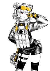 1girl absurdres arena_breakout bullpup commentary_request cowboy_shot double_bun ear_protection f4_u girls&#039;_frontline gloves goggles goggles_on_head gun hair_bun hand_up highres leaning_forward light_smile load_bearing_vest long_sleeves official_alternate_costume p90 p90_(girls&#039;_frontline) p90_(phantasmal_vanguard)_(girls&#039;_frontline) parted_lips personal_defense_weapon red_eyes russian_commentary shorts simple_background solo spot_color standing submachine_gun tactical_clothes thigh_strap two-tone_gloves v weapon white_background yellow_gloves