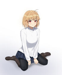 1girl absurdres ahoge arcueid_brunestud belt_boots black_pantyhose blonde_hair blush boots breasts brown_boots coti_neko hands_on_floor highres jewelry large_breasts looking_at_viewer necklace on_floor pantyhose red_eyes short_hair sitting skirt smile sweater tsukihime tsukihime_(remake) turtleneck turtleneck_sweater type-moon wariza