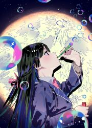 1girl black_hair blowing_bubbles blue_jacket bottle bow bowtie braid bubble bubble_pipe closed_mouth drop_shadow from_side full_moon hair_ornament hair_ribbon hairpin half_up_braid hand_up hashtag-only_commentary highres holding holding_bottle jacket lapels light_blush long_hair long_sleeves looking_up moon multiple_hairpins mutu_katano night night_sky nijisanji pink_bow pink_bowtie pink_ribbon plaid_lapels purple_eyes ribbon sky solo star_(sky) tsukino_mito tsukino_mito_(1st_costume) upper_body very_long_hair virtual_youtuber