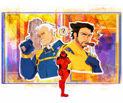 3boys ? cable_(marvel) cigar claws comic_background commentary copyright_name deadpool deadpool_&amp;_wolverine deadpool_(series) deadpool_2 diffraction_spikes english_commentary glowing glowing_eye gun hand_on_own_cheek hand_on_own_face heart highres holding holding_gun holding_weapon looking_at_viewer male_focus marvel marvel_cinematic_universe multiple_boys seadeepspace smoke smoking speech_bubble spoken_question_mark standing standing_on_one_leg superhero_costume weapon wolverine_(x-men) x-men x-men_film_series
