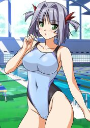1girl absurdres blue_one-piece_swimsuit bob_cut breasts collarbone competition_swimsuit contrapposto cowboy_shot green_eyes hair_rings highleg highleg_one-piece_swimsuit highres indoors jinki kousaka_rui lane_line lips medium_breasts multicolored_swimsuit one-piece_swimsuit pool poolside purple_eyes solo swimsuit two_side_up yuuyuu_(3jjbn)