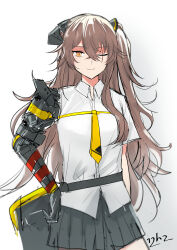 Rule 34 | 1girl, absurdres, brown hair, girls&#039; frontline, hair between eyes, hand on own hip, highres, izha (seisfleur), long hair, looking at viewer, mechanical arms, necktie, one eye closed, one side up, scar, scar across eye, scar on face, shaded face, shirt, simple background, single mechanical arm, sketch, smile, solo, ump45 (girls&#039; frontline), ump45 (mod3) (girls&#039; frontline), white shirt, yellow eyes, yellow necktie