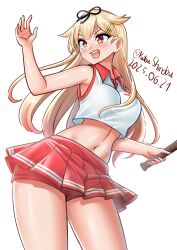 1girl absurdres arm_up black_ribbon blonde_hair breasts commentary contrast_collar cosplay cowboy_shot crop_top dated hair_flaps hair_ornament hair_ribbon highres holding holding_racket holding_tennis_racket kantai_collection katou_shinobu long_hair midriff minneapolis_(kancolle) minneapolis_(kancolle)_(cosplay) minneapolis_(tennis)_(kancolle) navel one-hour_drawing_challenge open_mouth pleated_skirt polo_shirt racket red_eyes red_shorts red_skirt ribbon shirt shorts shorts_under_skirt simple_background skirt sleeveless smile solo sportswear tennis tennis_dress tennis_racket tennis_skirt tennis_uniform twitter_username two-tone_shirt two-tone_skirt white_background white_shirt yuudachi_(kancolle) yuudachi_kai_ni_(kancolle)