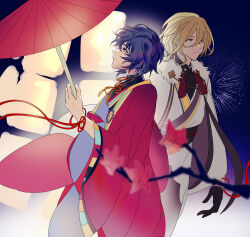 Rule 34 | 2boys, absurdres, aerial fireworks, aoba tsumugi, autumn, autumn leaves, black gloves, black shirt, blonde hair, branch, closed mouth, ensemble stars!, expressionless, feet out of frame, fireworks, from side, fur-trimmed jacket, fur trim, gloves, green eyes, hair between eyes, head tilt, highres, holding, holding umbrella, jacket, jacket on shoulders, japanese clothes, kimono, leaf, light frown, long sleeves, male focus, multiple boys, mumian (cck731226), neck ribbon, neck tattoo, oil-paper umbrella, outdoors, pointy nose, red ribbon, red robe, red umbrella, ribbon, robe, shirt, standing, string, string of fate, tattoo, tenshouin eichi, turtleneck, turtleneck shirt, umbrella, white jacket, white kimono, wide sleeves, yellow eyes