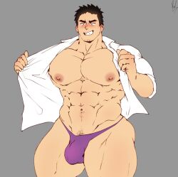 Rule 34 | 1boy, abs, alternate pectoral size, bara, bare pectorals, bikini briefs, black hair, blush, bulge, cowboy shot, facial hair, goatee stubble, grin, highres, huge pectorals, male focus, male underwear, mature male, muscular, muscular male, navel, nipples, no pants, open clothes, open shirt, paldraws, pectorals, purple male underwear, sanpaku, senpai ga uzai kouhai no hanashi, short hair, sideburns, smile, solo, sparse navel hair, standing, stomach, strongman waist, stubble, takeda harumi, thick eyebrows, thick thighs, thighs, underwear, undressing