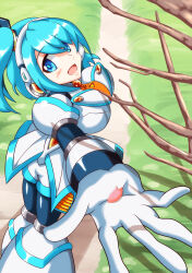 1girl absurdres armor blue_eyes blue_hair breasts from_behind grass highres kotatuman_dash large_breasts looking_at_viewer looking_back mega_man_(series) mega_man_x_(series) mega_man_x_dive petals pink_petals rico_(mega_man) shorts side_ponytail skirt solo standing tree white_armor white_shorts white_skirt