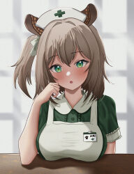 1girl absurdres andrl arm_on_table blush breast_rest breasts breasts_on_table brown_hair dress green_dress green_eyes hat highres indie_virtual_youtuber looking_at_viewer nimi_nightmare nurse_cap one_side_up open_mouth short_hair solo tapir_girl virtual_youtuber white_hat