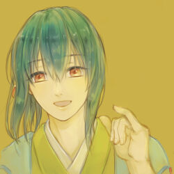 1boy :d bishounen bokujou_monogatari bokujou_monogatari:_mittsu_no_sato_no_taisetsuna_tomodachi double-parted_bangs green_hair green_kimono hair_between_eyes hand_up japanese_clothes kimono looking_at_viewer male_focus open_mouth pinky_out ponytail portrait red_eyes salad726 sidelocks smile solo yellow_background yuzuki_(bokujou_monogatari)