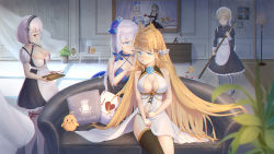 4girls apron arm_under_breasts azur_lane between_breasts black_dress black_legwear blonde_hair blue_eyes blue_gemstone boots breasts center_opening cleavage cocktail_dress couch cross-laced_footwear dress elbow_gloves evening_gown feather_dress feather_hair_ornament feathers flower formidable_(azur_lane) full_body gascogne_(azur_lane) gem gloves grey_footwear grey_hair hair_flower hair_ornament hair_spread_out hair_wings heart highres holding holding_heart holding_tray illustrious_(azur_lane) illustrious_(illustrious_ball)_(azur_lane) illustrious_(never-ending_tea_party)_(azur_lane) indoors knee_boots large_breasts laurel_crown long_hair looking_at_viewer manjuu_(azur_lane) medium_breasts medium_dress multiple_girls necktie necktie_between_breasts official_alternate_costume on_couch pantyhose perseus_(azur_lane) plant potted_plant puffy_short_sleeves puffy_sleeves purple_flower red_eyes red_ribbon ribbon royal_navy_emblem_(azur_lane) sheffield_(azur_lane) short_sleeves single_thighhigh sirius_(azur_lane) sitting strapless strapless_dress thighhighs tray twintails tying_hair very_long_hair victorious_(azur_lane) waist_apron walking white_apron white_dress white_gloves white_hair white_pantyhose yiyuanshierhui