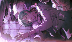 Rule 34 | 3boys, aqua hair, ayase mayoi, bandages over clothes, braid, braided ponytail, ensemble stars!, id card, kaimen mo, kazehaya tatsumi, light particles, looking at viewer, lying, male focus, mole, mole under eye, multiple boys, multiple moles, on floor, on side, open mouth, purple eyes, purple hair, shiratori aira (ensemble stars!), shirt, short hair, side braid, tile floor, tiles, white shirt
