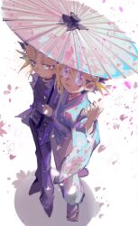 2boys black_hair blonde_hair blue_jacket blue_kimono blue_pants highres jacket japanese_clothes kimono male_focus medium_hair multicolored_hair multiple_boys muto_yugi pants pink_petals purple_eyes purple_hair spiked_hair umbrella yami_yugi yu-gi-oh! yu-gi-oh!_duel_monsters zwen4383