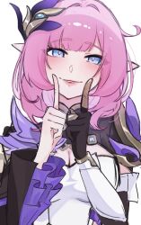Rule 34 | 1girl, absurdres, black gloves, blue eyes, breasts, corset, elf, elysia (honkai impact), elysia (miss pink elf) (honkai impact), gloves, hair ornament, hashtag-only commentary, highres, honkai (series), honkai impact 3rd, kame oppo1, large breasts, long hair, looking at viewer, parted lips, pink hair, pink pupils, pointing, pointing up, pointy ears, shrug (clothing), simple background, single glove, smile, solo, white background, white corset