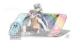 2boys black_shorts blue_bodysuit blue_helmet bodysuit brothers brown_eyes brown_hair cowboy_shot green_eyes helmet highres lan_hikari_(mega_man) male_focus mega_man_(series) mega_man_battle_network_(series) megaman.exe multiple_boys netnavi nintendo_switch orange_vest shirt shorts siblings sui0907_v twins vest white_shirt