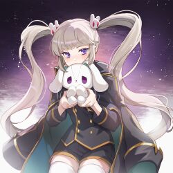 1girl black_jacket black_shorts blush covered_mouth flying_sweatdrops grey_hair hair_ornament highres holding holding_stuffed_toy jacket jacket_on_shoulders leafwow long_hair looking_at_viewer maplestory night night_sky orchid_(maplestory) purple_eyes rabbit_hair_ornament short_shorts shorts sky solo star_(sky) starry_sky stuffed_animal stuffed_rabbit stuffed_toy thighhighs twintails very_long_hair white_thighhighs