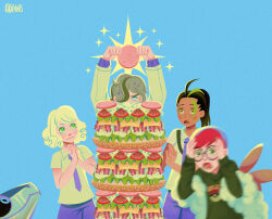 1boy 3girls artist_name arven_(pokemon) bacon black_hair blonde_hair blue_background blurry commentary dark-skinned_female dark_skin english_commentary food freckles glasses green_hair hair_over_one_eye highres juliana_(pokemon) kikicolors meat meme miraidon multicolored_hair multiple_girls necktie nemona_(pokemon) nintendo open_mouth own_hands_together penny_(pokemon) pokemon pokemon_sv ponytail sandwich school_uniform shirt sliced_meat streaked_hair supa_hot_fire_(meme) sweatdrop tomato tomato_slice uva_academy_school_uniform