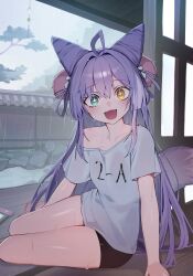 1girl absurdres ahoge blue_eyes blush collarbone cone_hair_bun fang fox_girl fox_tail hair_bun hair_ornament heterochromia highres huingae_(njun0) pom_pom_(clothes) pom_pom_hair_ornament purple_hair purple_tail shirt stellive tail tenko_shibuki virtual_youtuber wet white_shirt yellow_eyes
