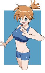Rule 34 | 1girl, :d, asymmetrical hair, bare shoulders, bikini, bikini shorts, blue bikini, blue eyes, blue shorts, blush, bra, breasts, crop top, eyelashes, female focus, green eyes, groin, gym leader, hair tie, highres, holding, holding poke ball, large breasts, looking at viewer, midriff, misty (pokemon), navel, nintendo, open mouth, orange hair, poke ball, poke ball (basic), pokemon, pokemon frlg, pokemon tcg, pokemon tcg pocket, ponytail, shirt, short hair, short shorts, shorts, side ponytail, smile, solo, sports bra, standing, swimsuit, tank top, teeth, thighs, tongue, tsuneshima, underwear
