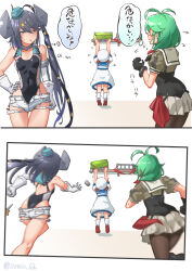 3girls antenna_hair ass black_gloves black_one-piece_swimsuit black_pantyhose blue_hat blue_sailor_collar bow box brown_eyes cardboard_box commentary_request depth_charge dress garrison_cap gloves green_hair hair_rings hat headgear highres izumikuma kaiboukan_no._4_(kancolle) kantai_collection long_hair low_twintails matsu_(kancolle) multiple_girls one-piece_swimsuit pantyhose running sailor_collar sailor_dress sailor_hat scamp_(kancolle) school_uniform serafuku swimsuit tiptoes translation_request twintails white_dress white_gloves white_hat yellow_bow