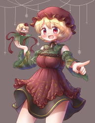 2girls adapted_costume aki_minoriko aki_shizuha arinu black_ribbon blonde_hair blush box chibi choker cowboy_shot detached_sleeves gift gift_box grey_background hair_ornament hat highres leaf leaf_hair_ornament looking_at_viewer maple_leaf mini_person minigirl mob_cap multiple_girls open_mouth pointing red_eyes red_headwear ribbon ribbon_choker short_hair simple_background touhou wide_sleeves