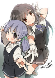 2girls :q black_dress black_hair black_skirt black_socks black_vest blue_hair blue_ribbon brown_eyes commentary double_v dress fujii_rino gloves green_ribbon hair_ribbon hayashio_(kancolle) highres kantai_collection kneehighs long_hair long_sleeves looking_at_viewer mole mole_under_eye multiple_girls neck_ribbon ooshio_(kancolle) ooshio_kai_ni_(kancolle) open_mouth pinafore_dress pleated_skirt ribbon school_uniform shirt short_sleeves simple_background skirt sleeveless sleeveless_dress socks tongue tongue_out twitter_username v vest white_gloves white_shirt