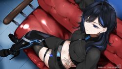 1girl absurdres ahoge asymmetrical_clothes asymmetrical_footwear ayase_yuu black_hair black_pants black_shirt black_thighhighs blue_eyes blue_hair breasts closed_mouth commission couch cropped_shirt cross cross_earrings earrings from_above high_heels highres jewelry k_(art71) leg_tattoo long_hair multicolored_hair navel on_couch pants phase_connect second-party_source shirt single_pantsleg skeb_commission solo stomach_tattoo streaked_hair tattoo thighhighs twitter_username