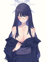 1girl absurdres anygatsby bare_shoulders black_hair blue_archive blue_hair blue_halo blue_kimono blush breasts cleavage collarbone halo highres japanese_clothes kimono large_breasts long_hair looking_at_viewer multicolored_hair naughty_face pulling_own_clothes saori_(blue_archive) seductive_gaze seductive_smile smile solo teasing undressing
