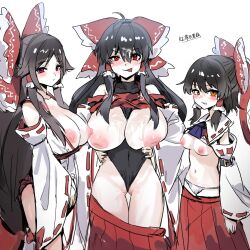 3girls absurdly_long_hair ahoge ascot bare_shoulders black_hair bow breasts breasts_out chihaya_(clothing) cum cum_on_body cum_on_breasts cum_on_upper_body detached_sleeves facial frilled_hair_tubes frills gensokyo&#039;s_first_hakurei_miko hair_bow hair_tubes hakama hakurei_reimu highres inverted_nipples japanese_clothes large_areolae large_breasts leotard long_hair long_sleeves looking_at_viewer low-tied_long_hair m.u.g.e.n miko multiple_girls nipples nontraditional_miko open_mouth ponytail red_bow red_eyes ribbon ribbon-trimmed_sleeves ribbon_trim sendai_hakurei_no_miko sendai_hakurei_no_miko_(m.u.g.e.n) skirt smile tongue tongue_out touhou user_mprk5278 very_long_hair wide_sleeves