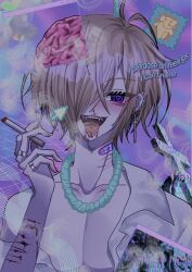 Rule 34 | 1girl, @ @, bandaid, bandaid on neck, blonde hair, blood, blue rope, brain, cigarette, collared shirt, cross, cross earrings, cursor, earrings, english text, exposed brain, fangs, forked tongue, hair over one eye, highres, holding, holding cigarette, jewelry, looking at viewer, lsd, multiple earrings, multiple rings, multiple scars, noose, nosebleed, original, overdose, pectoral cleavage, pectorals, pill on tongue, purple eyes, reno (re leno), ring, rope, scar, scar on neck, self-harm, shirt, shirt partially removed, short hair, smoke, solo, stud earrings, tongue, tongue out, trap, upper body, white shirt, window (computing), wrist cutting